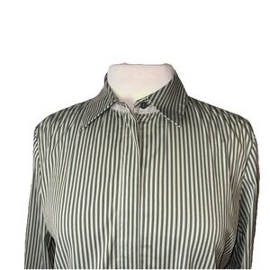 Lafayette 148 Striped Button Down Top Women's Sz S Long Sleeve Olive Green